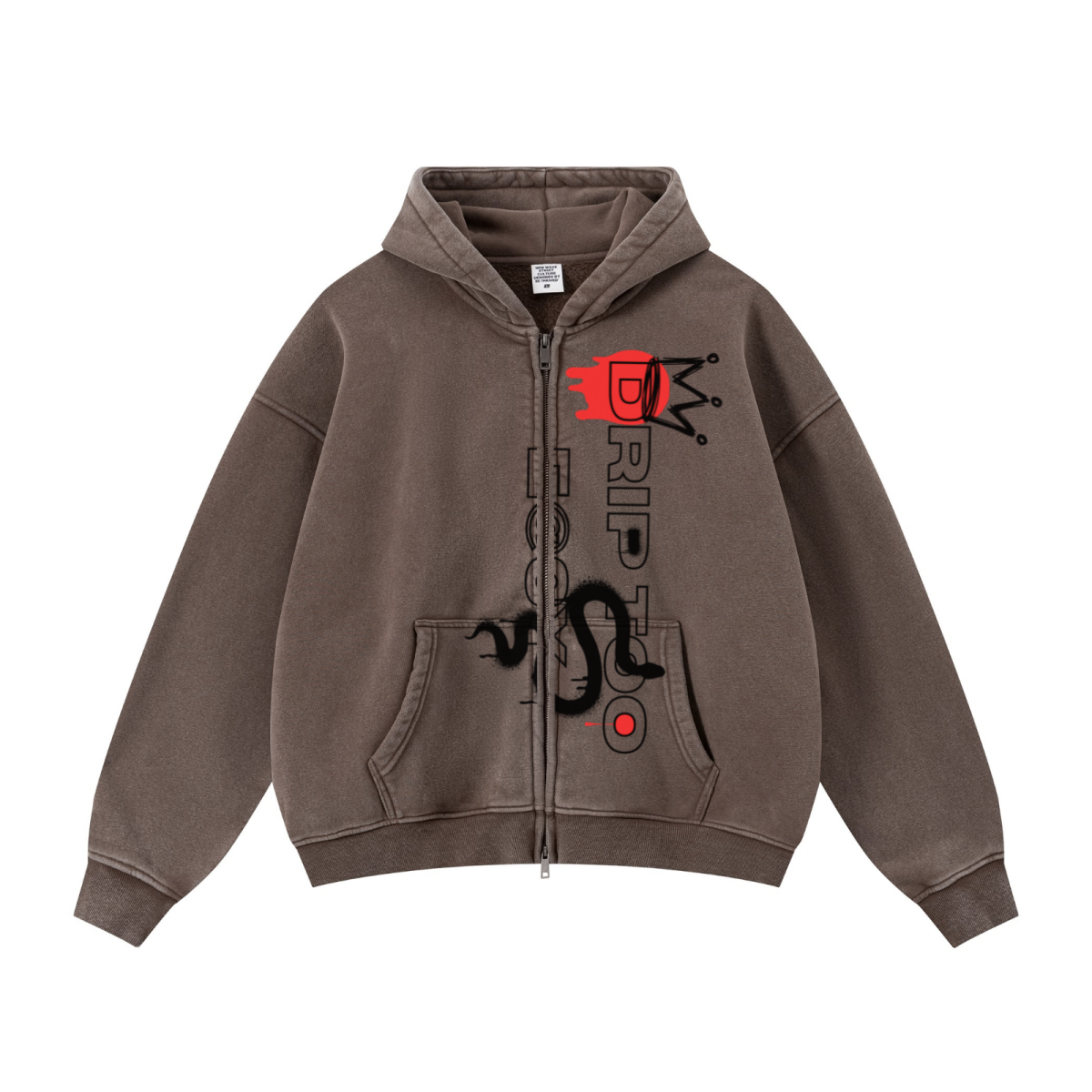 400GSM Unisex Vintage-Wash Boxy-Fit Zip-Up Hoodie Vintage Dark Brown