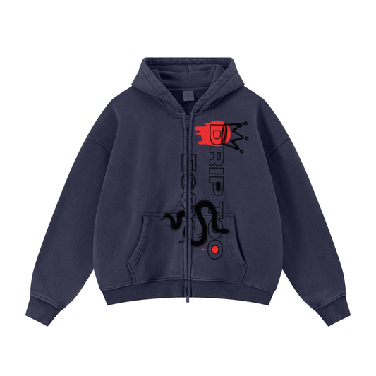 400GSM Unisex Vintage-Wash Boxy-Fit Zip-Up Hoodie Vintage Royal Blue