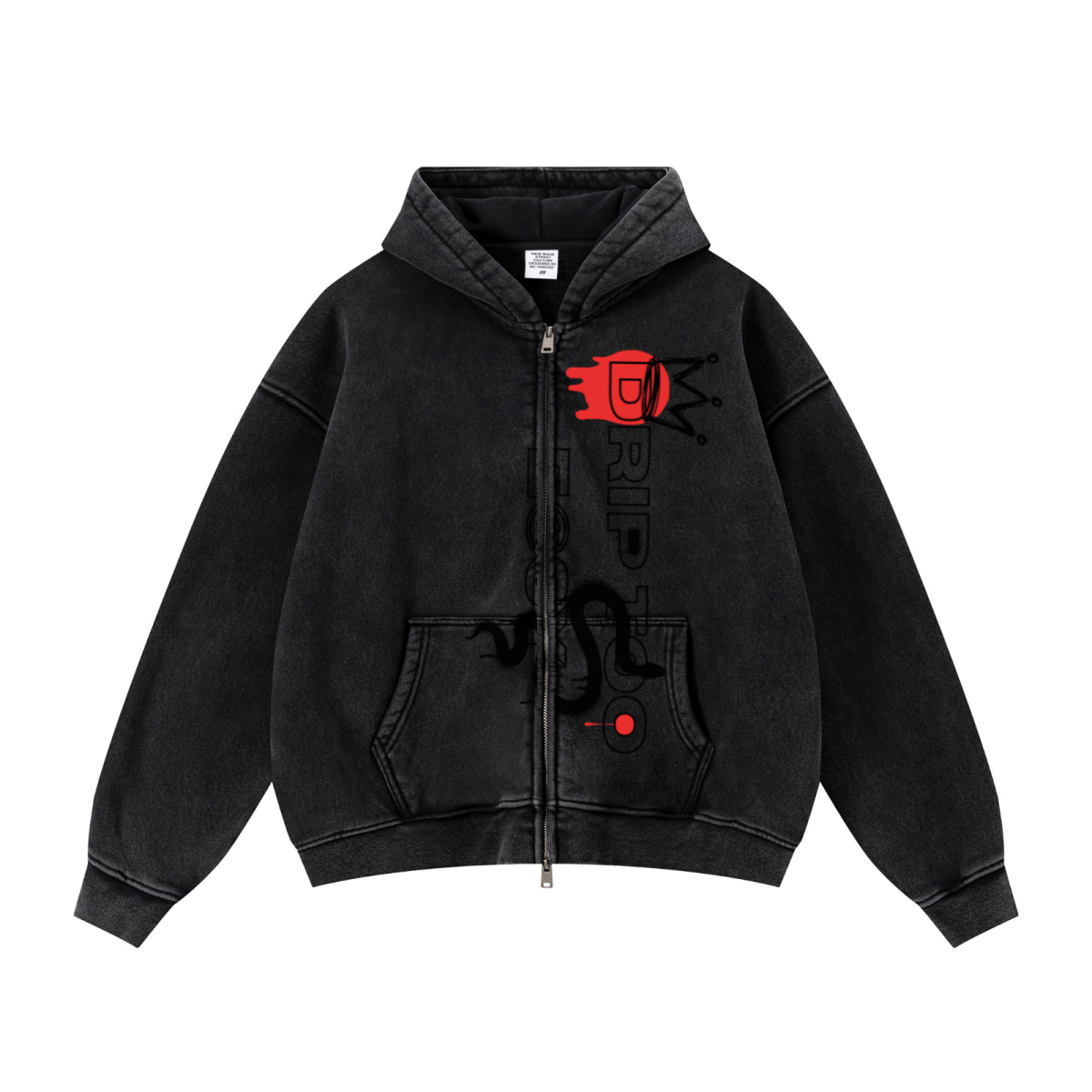 400GSM Unisex Vintage-Wash Boxy-Fit Zip-Up Hoodie Vintage Black
