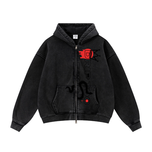 400GSM Unisex Vintage-Wash Boxy-Fit Zip-Up Hoodie Vintage Black