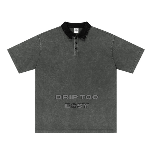 285GSM Unisex Vintage-Washed Unisex  100% Cotton Twill Polo T-Shirt Dark Grey Black