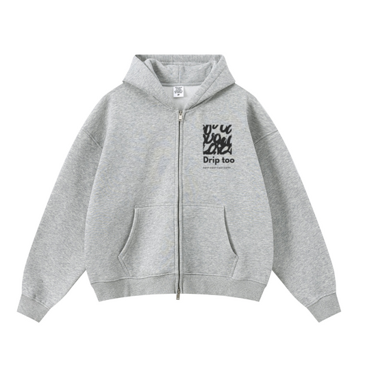 345GSM Unisex Boxy-Fit Double-Zip Hoodie Heathered Grey