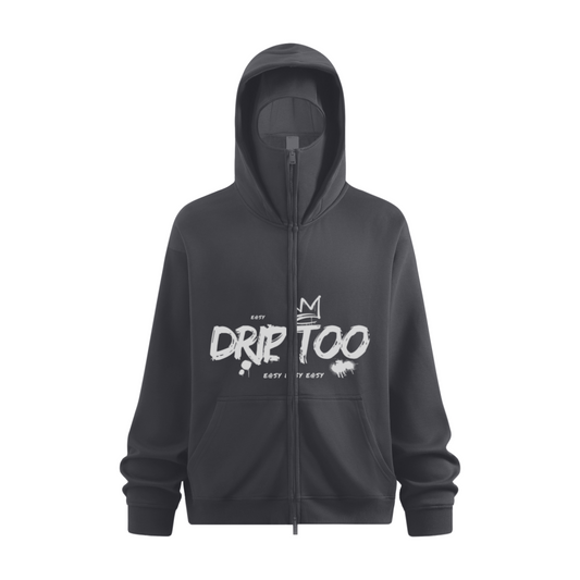340GSM Men’s Trendy Fleece Zip-Up Windproof Face-Mask Hoodie Dark Grey