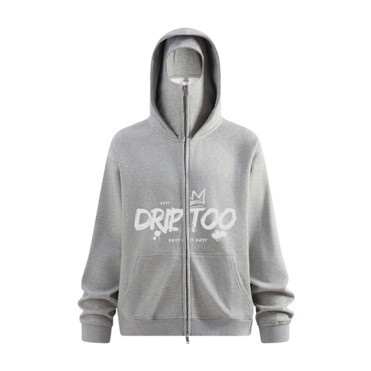 340GSM Men’s Trendy Fleece Zip-Up Windproof Face-Mask Hoodie Heathered Grey
