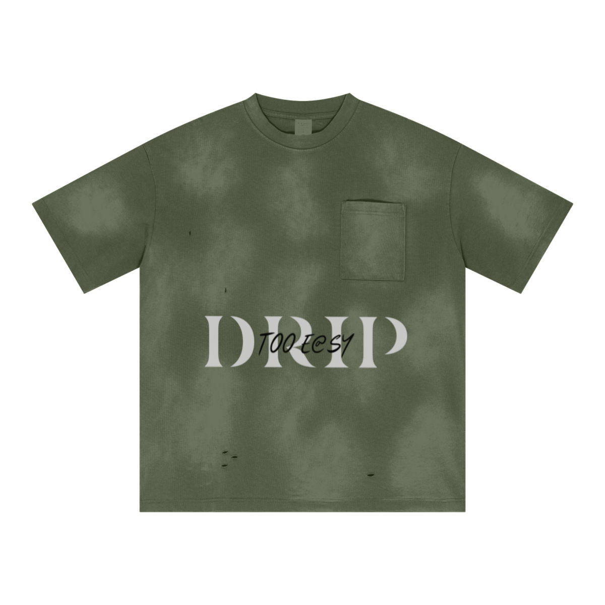 285GSM Monkey Wash PP-Sprayed Ripped Pocket Unisex T-shirt Army Green
