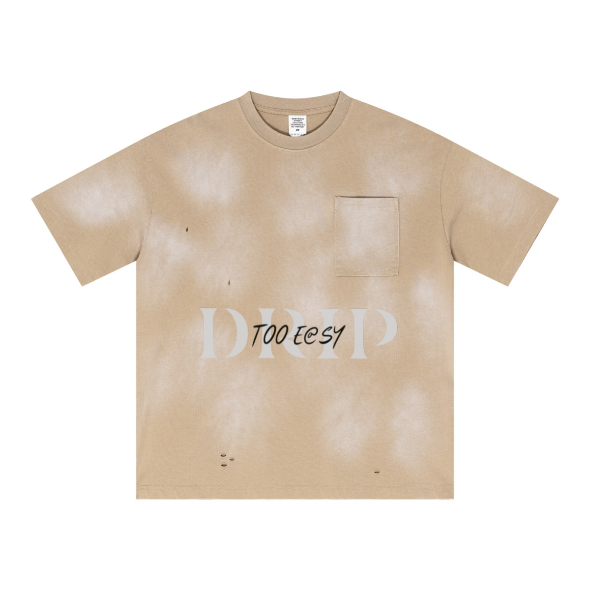 285GSM Monkey Wash PP-Sprayed Ripped Pocket Unisex T-shirt Khaki