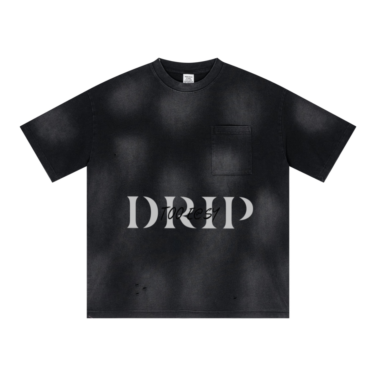 285GSM Monkey Wash PP-Sprayed Ripped Pocket Unisex T-shirt Snowflake Black
