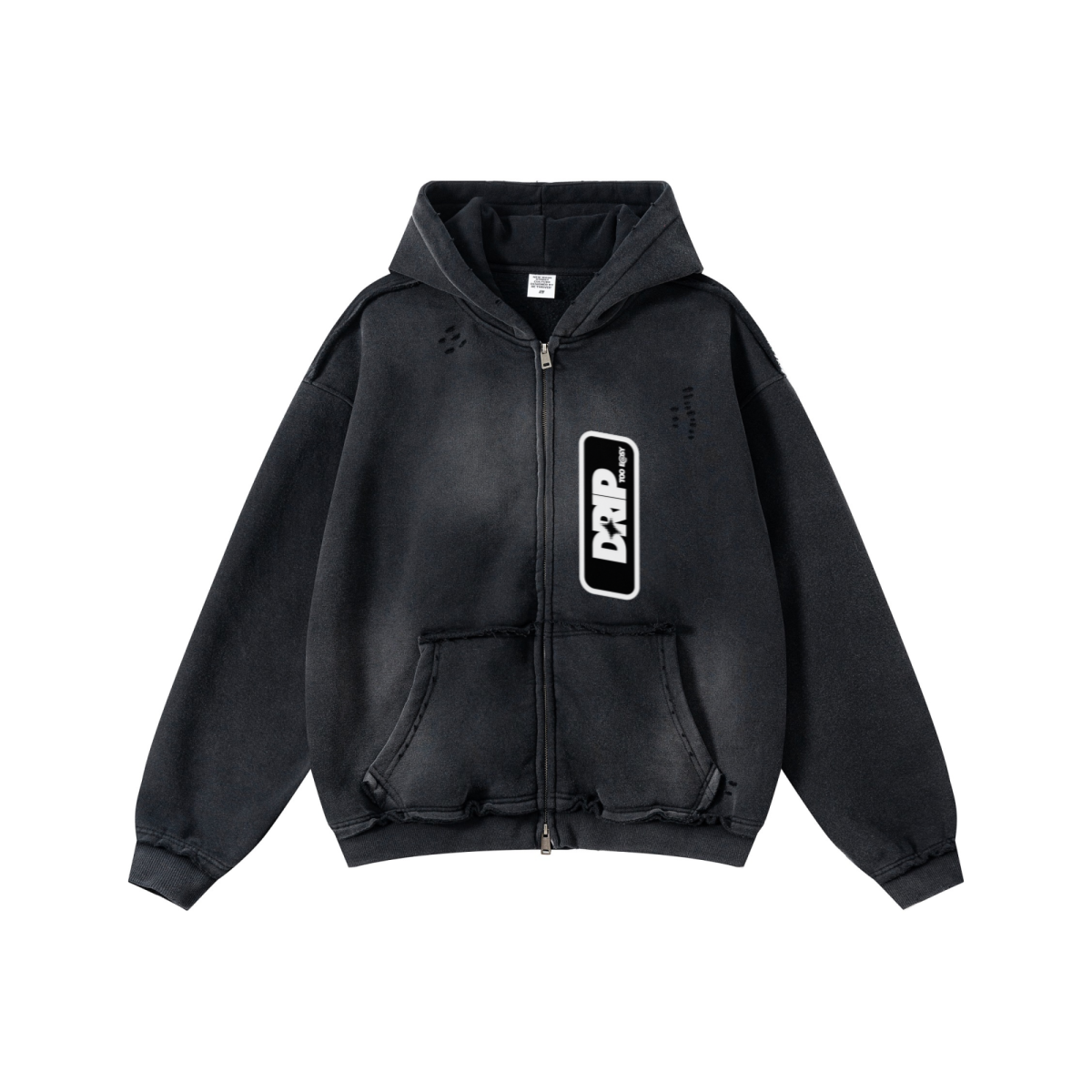 400GSM Men’s Distressed Snow-Wash Raw-Edge Zip-Up Hoodie Black