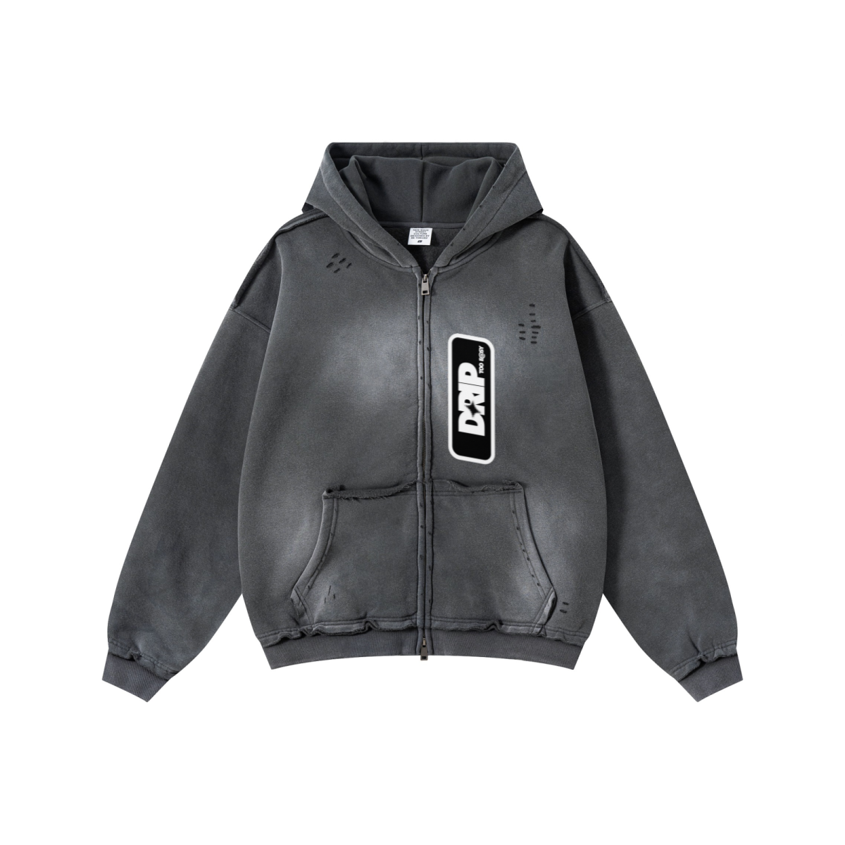 400GSM Men’s Distressed Snow-Wash Raw-Edge Zip-Up Hoodie Dark gray