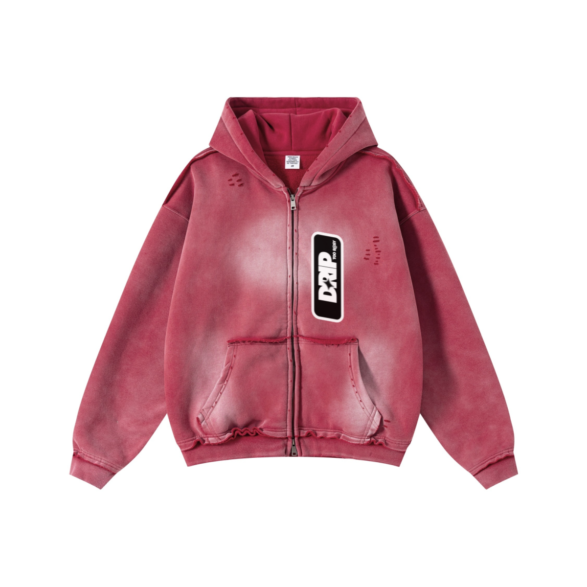 400GSM Men’s Distressed Snow-Wash Raw-Edge Zip-Up Hoodie Red