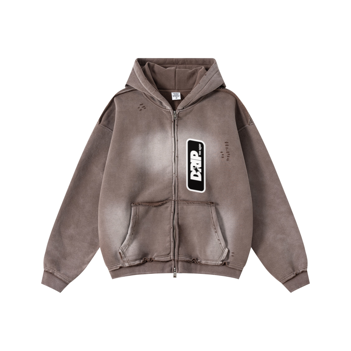 400GSM Men’s Distressed Snow-Wash Raw-Edge Zip-Up Hoodie Dark brown