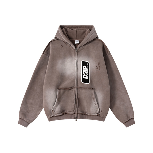 400GSM Men’s Distressed Snow-Wash Raw-Edge Zip-Up Hoodie Dark brown