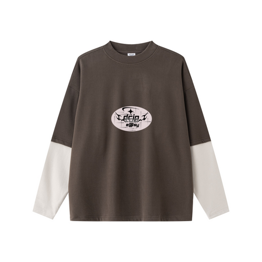 320GSM Unisex Faux Layered Solid Color Base Layer Long-Sleeve Coffee/Grey Apricot