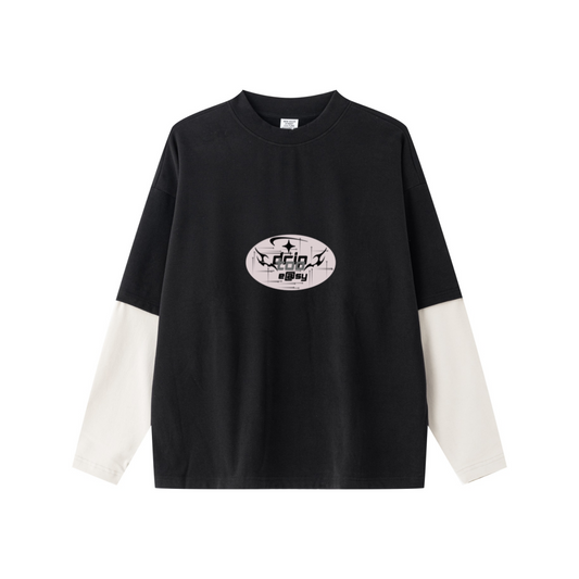 320GSM Unisex Faux Layered Solid Color Base Layer Long-Sleeve Black/Grey Apricot
