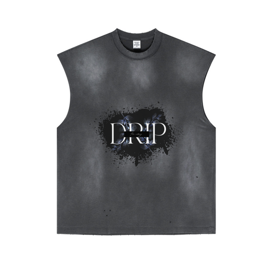 285GSM Unisex Monkey-Wash PP Spray Distressed Tank Top 	Vintage Dark Grey