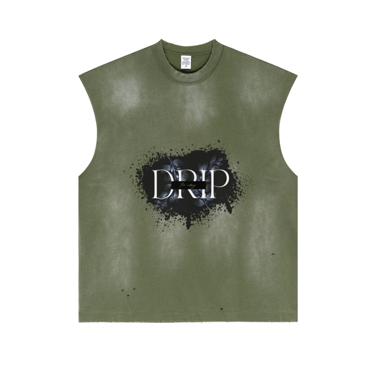 285GSM Unisex Monkey-Wash PP Spray Distressed Tank Top Vintage Military Green